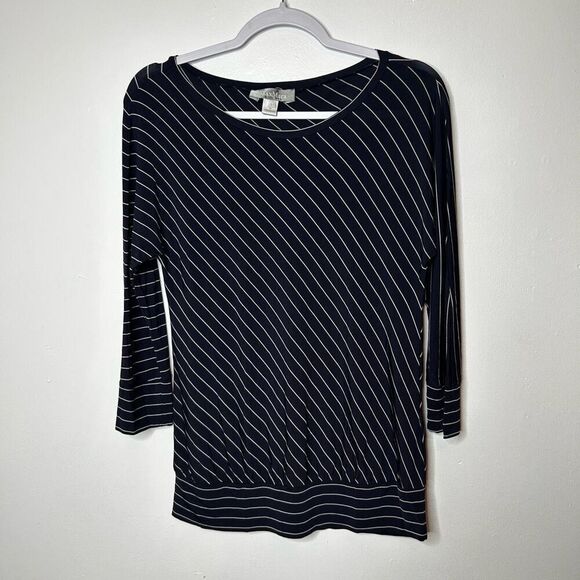 Max Mara Navy Blue Striped Asymmetrical Viscose Blend Blouse Size L Classy - Picture 1 of 11